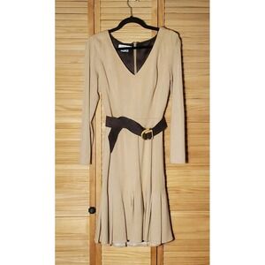 Kay Unger Camel/Tan Pleated Silk Lined Dress W/ Faux Suede Belt Dress Size 10
